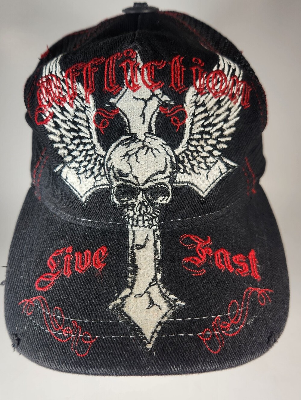 AFFLICTION Hat Cap Snap Back Black Distressed Frayed